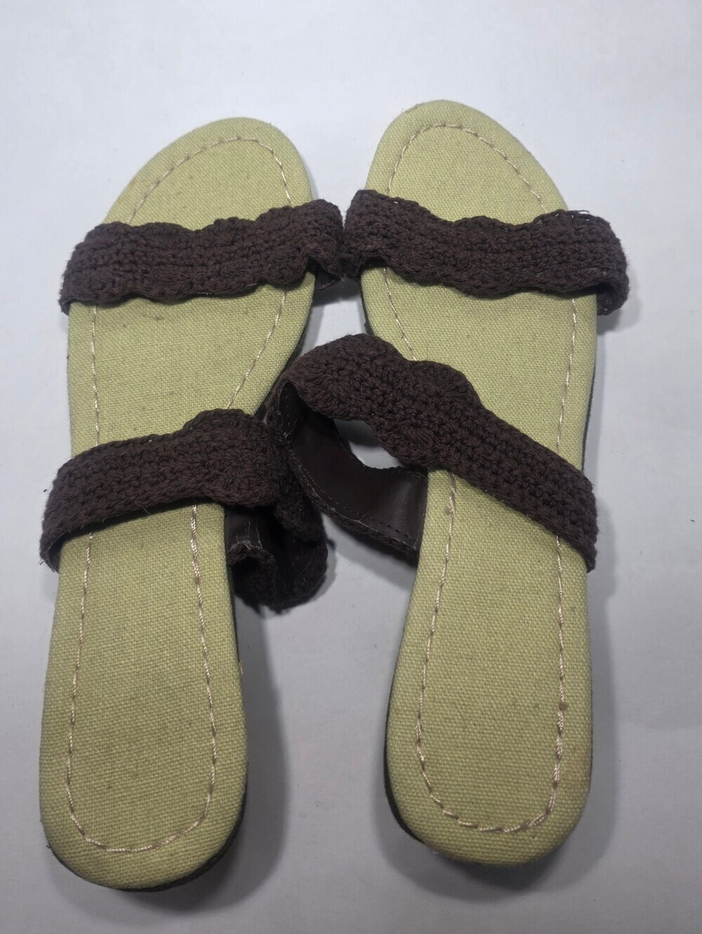 Handmade Crochet Wedge Slide Sandals Womens Size 8.5 Brown Green Boho Artisan